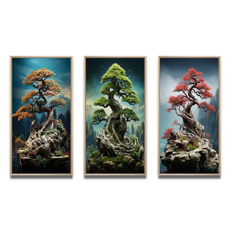 Designart "Asian Art Bonsais Wisdom VIII" Asian Framed Wall Art Set Of